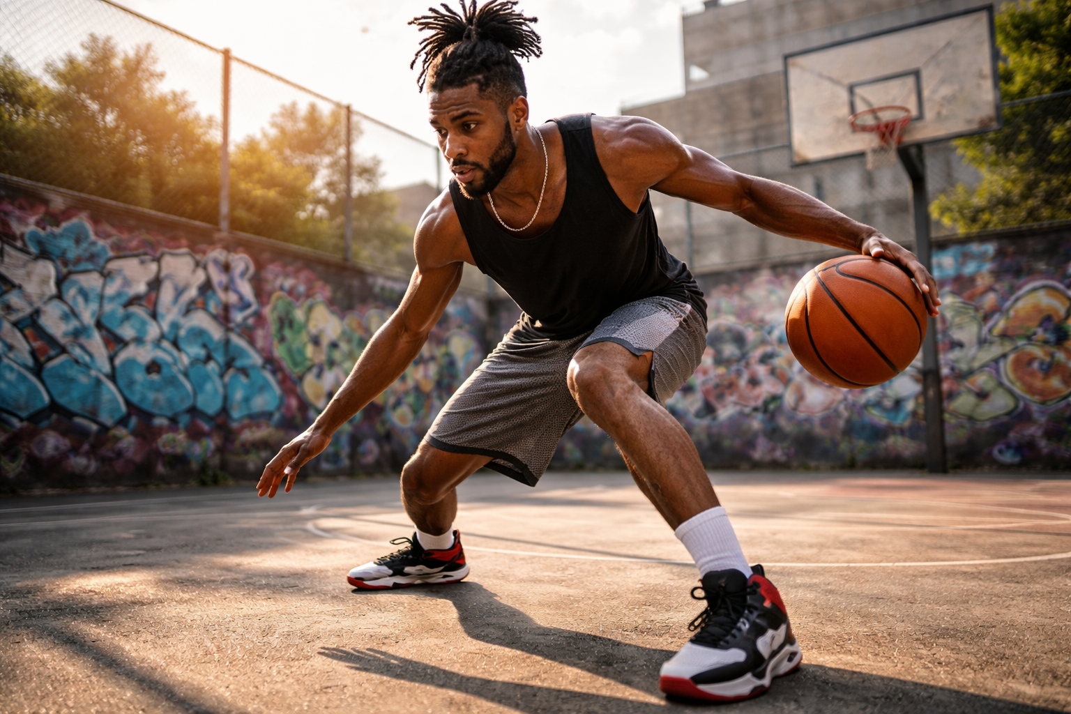 Sokak sahasinda dribling calismasi yapan bir oyuncu