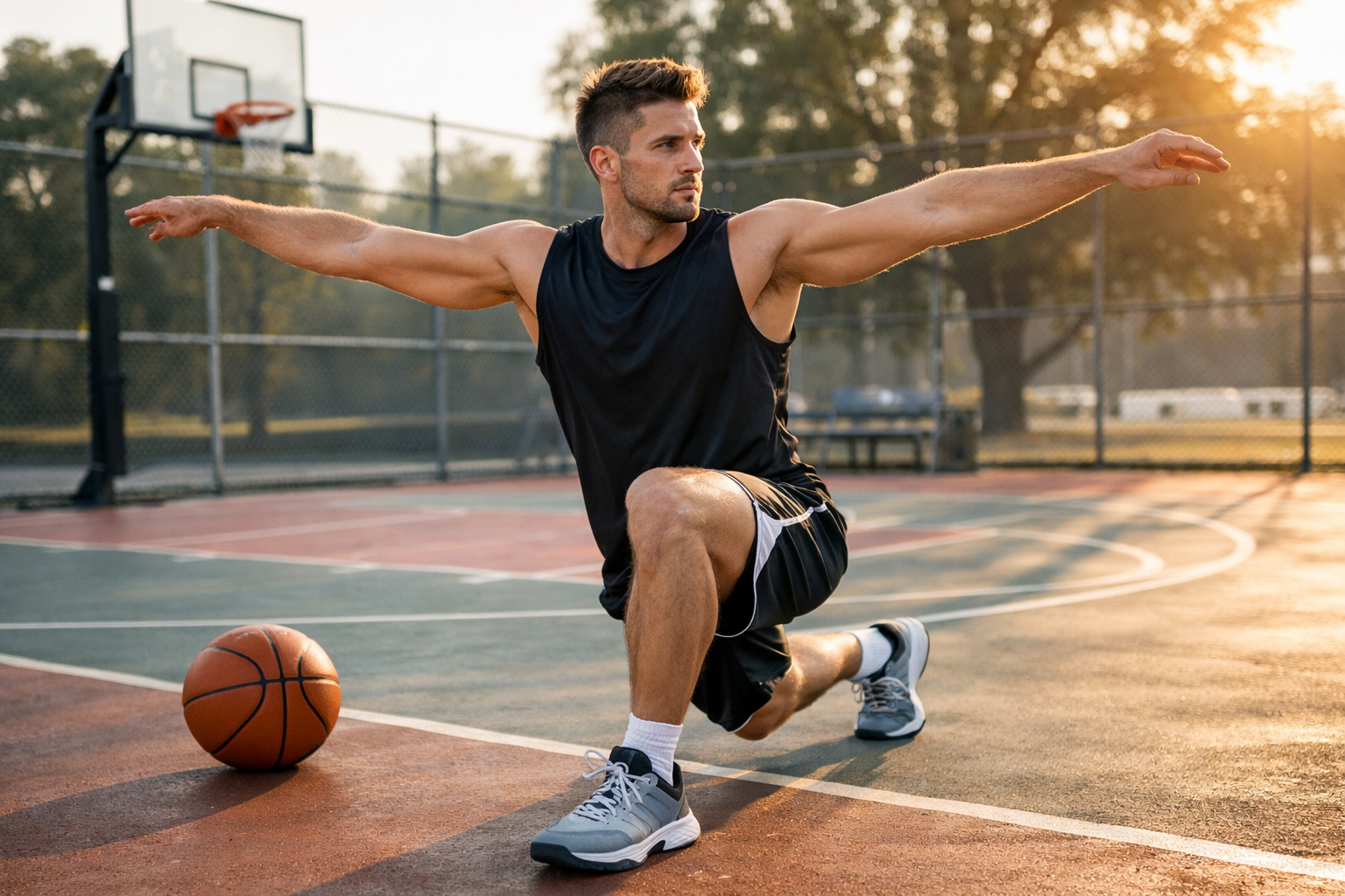 Oyun oncesi isinma hareketi yapan basketbolcu