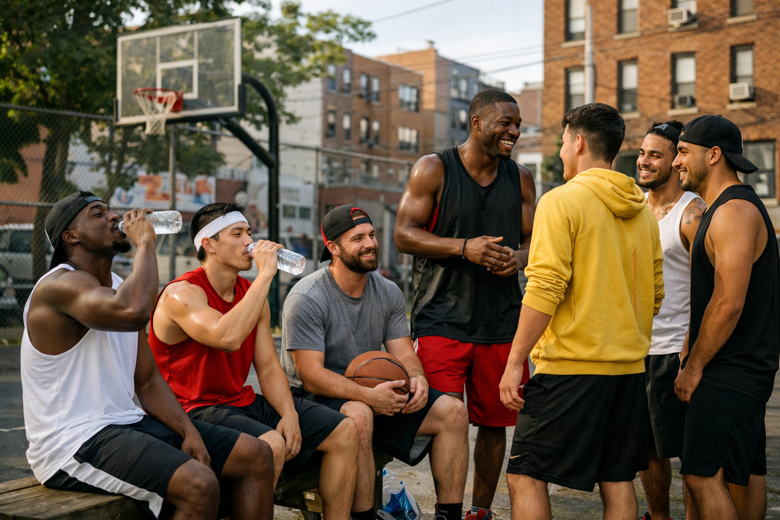 Sokak basketbol sahasinda birlikte oynayan oyuncular