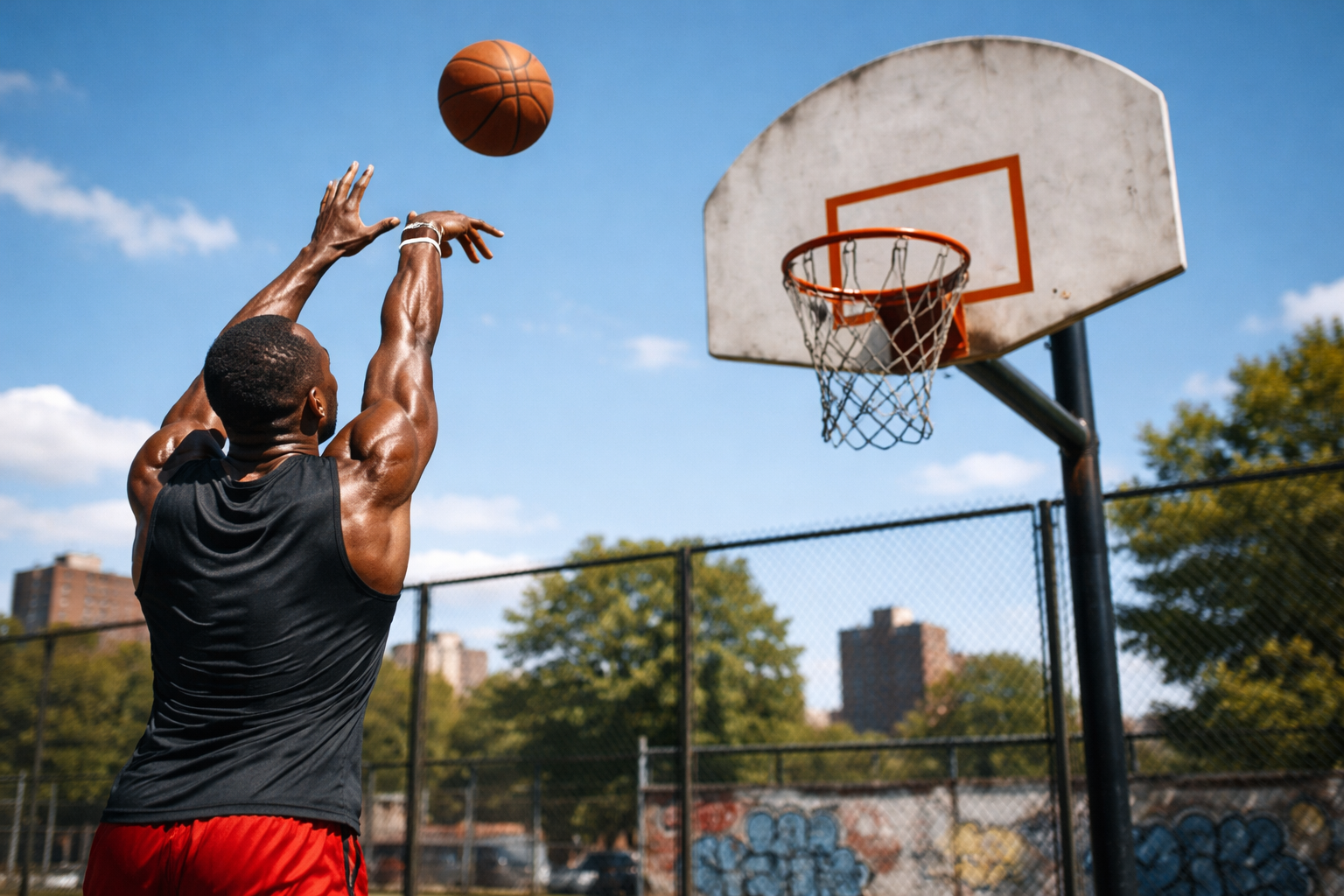 Potaya sut atan bir sokak basketbolcusu
